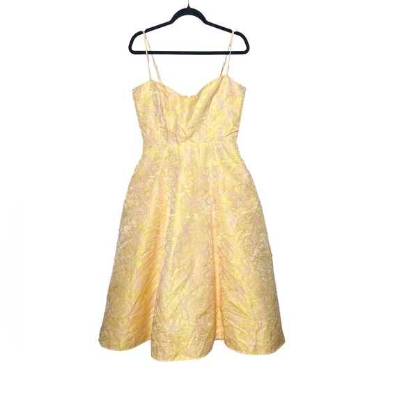 NWT Lulus Meet for Tea Yellow Jacquard Bustier Midi Dress with Pockets, Large - Picture 5 of 16